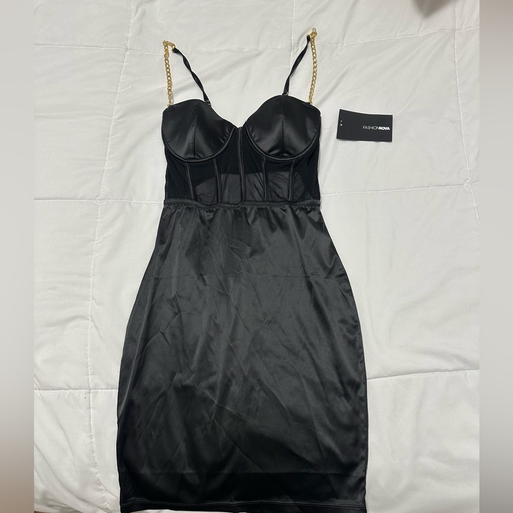 Black Bustier Mini Dress with removable gold chain straps